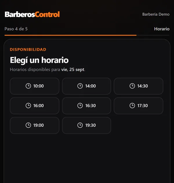 Página de reservas online en el celular mostrando los horarios disponibles